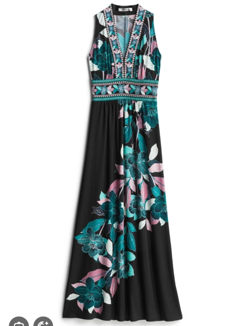 Maggy London Black Dress with Green and Pink Leaf Motif